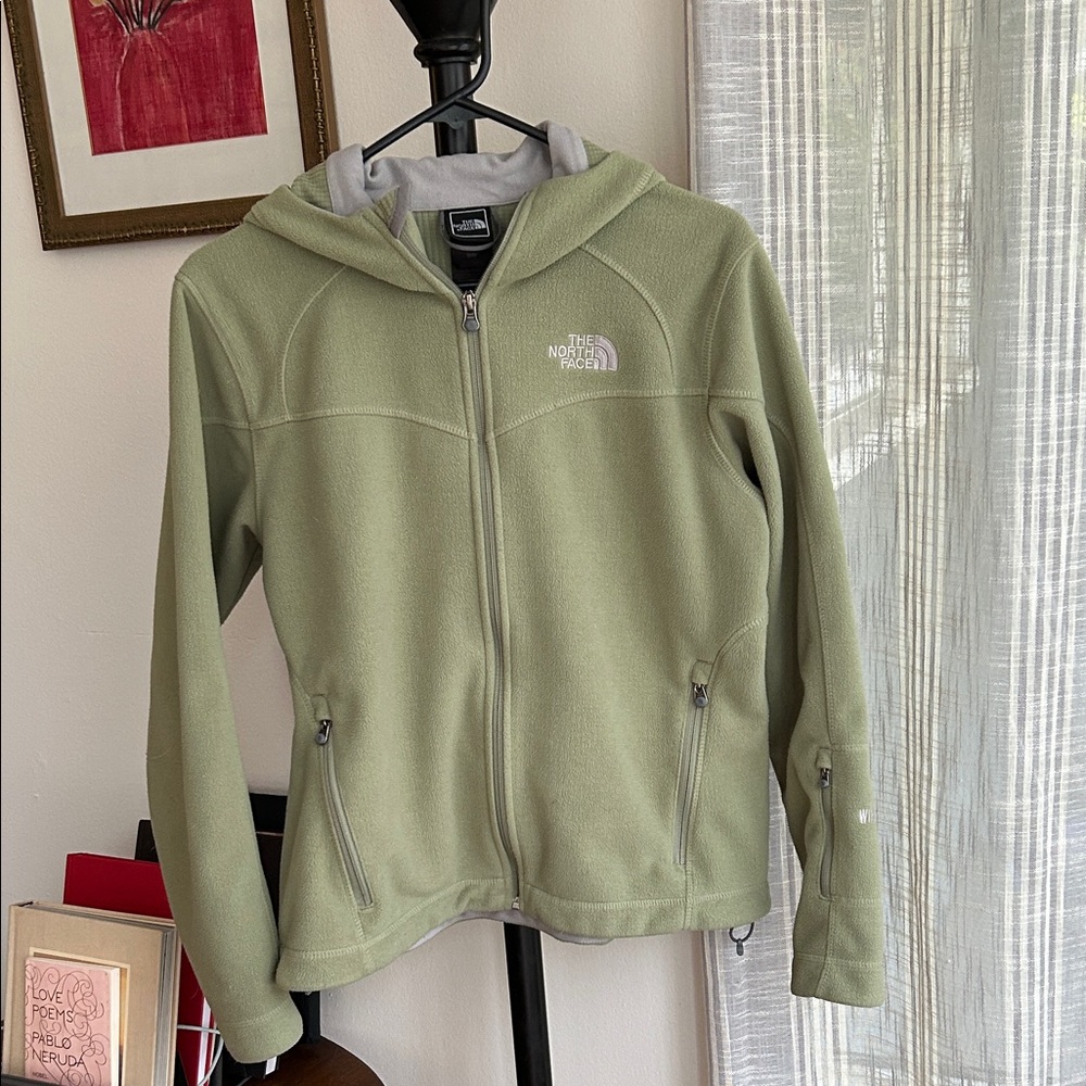 The North Face Light Sage Green Fleece Zip Hoodie, waffle weave interior